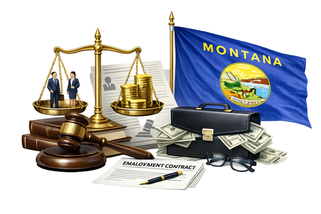 Average Montana employment lawyer fee brackets and WDEA court costs infographic

