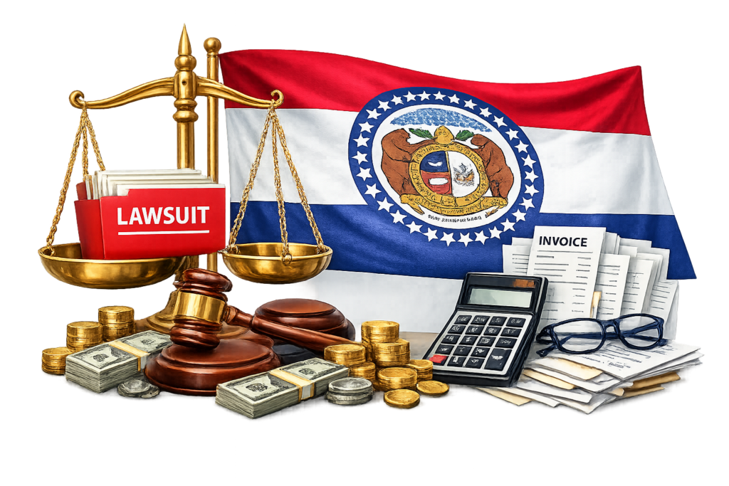 Average Missouri business litigation lawyer fees and commercial court cost data chart