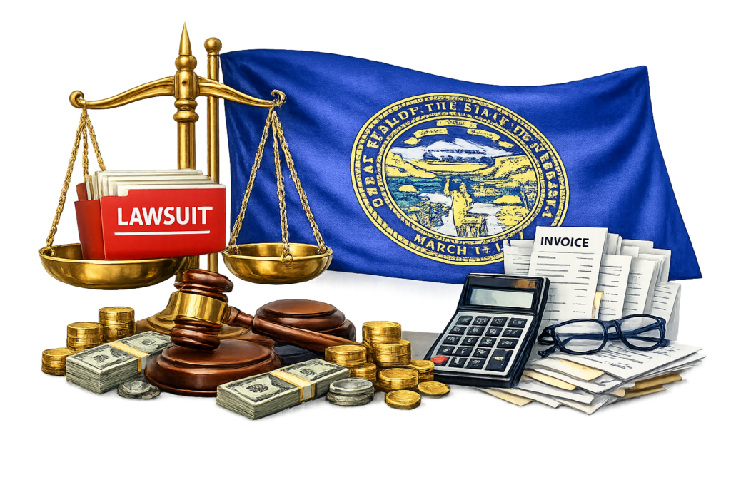 Average Nebraska business litigation lawyer fees and court filing costs chart
