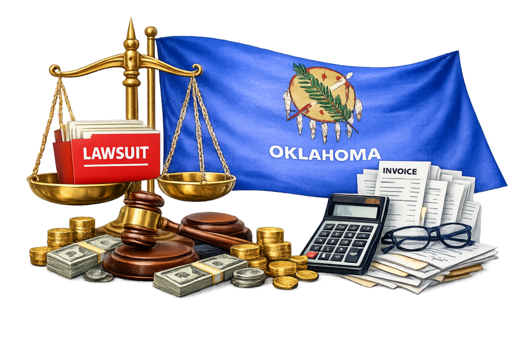 Average Oklahoma business litigation lawyer fees and commercial court cost data chart
