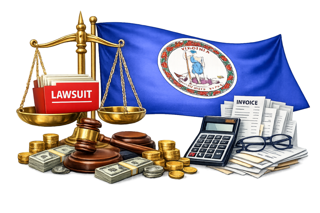 Virginia commercial court fees and attorney hourly rate infographic
