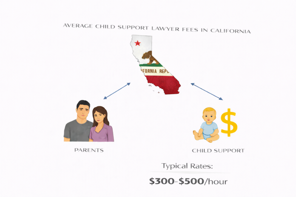 California child support attorney fees and state guideline calculator infographic
