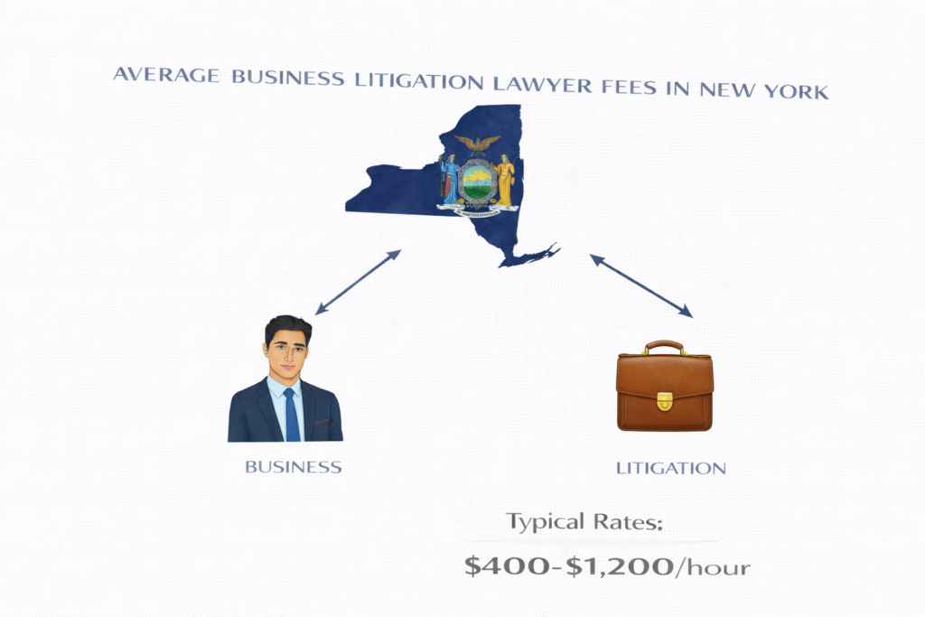 Average New York business litigation lawyer fees and commercial court cost data chart