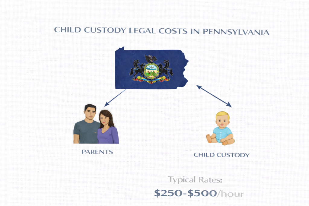 Average Pennsylvania child custody lawyer fees and court evaluation costs infographic