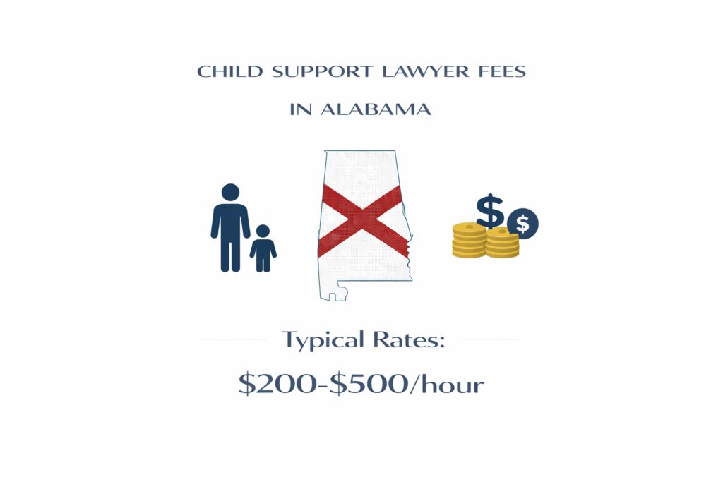Average Alabama child support attorney fees and court filing expense infographic
