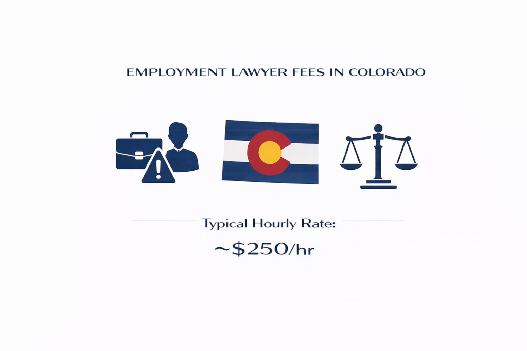 Average Colorado employment lawyer fees and CDLE filing cost infographic
