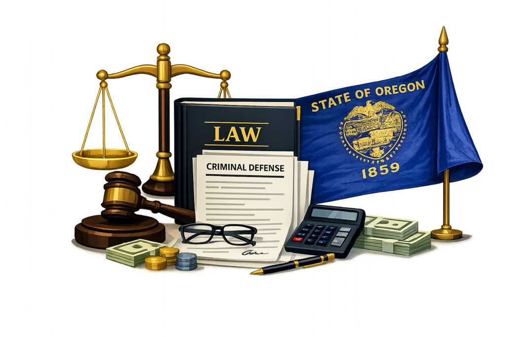Average Oregon criminal defense attorney rates and court cost infographic
