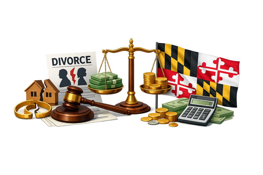 Average Maryland divorce lawyer fees and court-ordered support costs infographic

