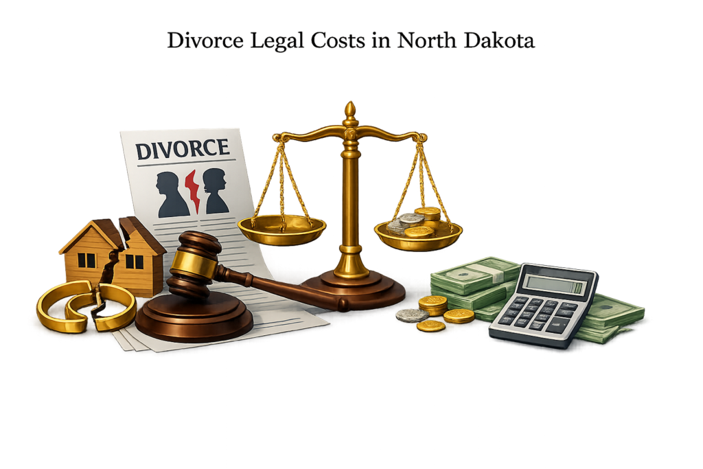 Average North Dakota divorce attorney rates and court expense infographic