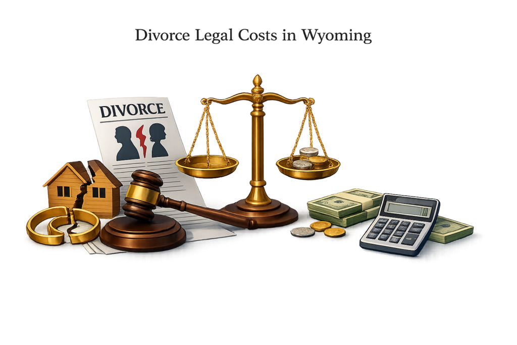 Average Wyoming divorce lawyer fees and court filing expense infographic