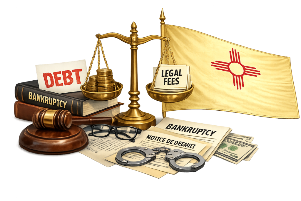 Average New Mexico bankruptcy attorney rates and federal filing fee infographic
